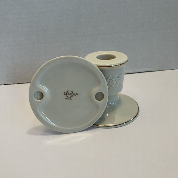 Vintage Lenox Ivory Gold Trim Porcelain Candleholders Tapers Pair Roses - Picture 5 of 12